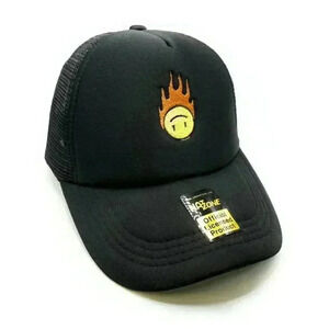 Upside Down Flame Smile Face Mesh Trucker Snapback (Black)